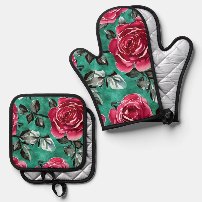 Red Rose Oven Mitt and Potholder Set (Front/Back)