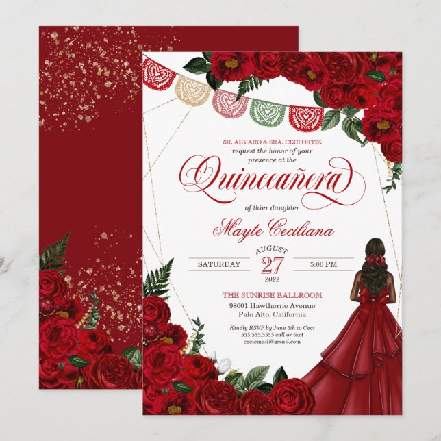 Red Rose & Papel Picado Quinceañera 15th Birthday  Invitation (Front/Back)