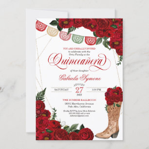 Red Rose Papel Picado Western Charro Quinceañera Invitation