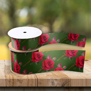 Red Rose Pattern Green Wedding Ribbon Satin Ribbon