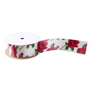 Red Rose Pattern White Wedding Ribbon Satin Ribbon
