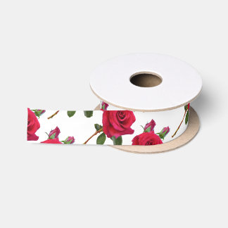 Red Rose Pattern White Wedding Ribbon Satin Ribbon