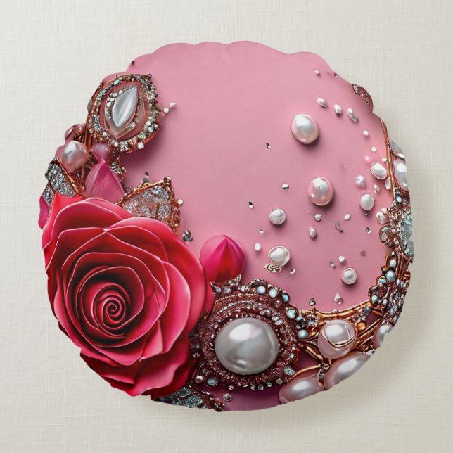 Red Rose Pearls Home Decor Round Cushion (Front)