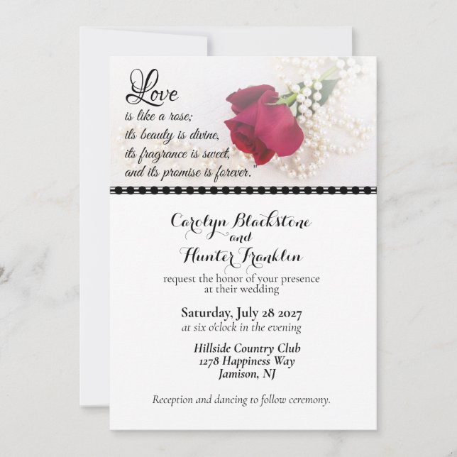 Red Rose & Pearls Wedding Invitation (Front)