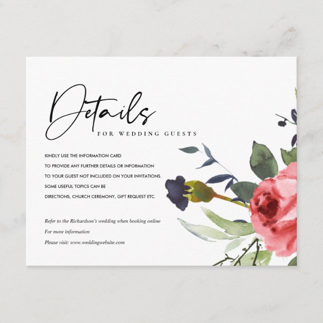RED ROSE PEONY EUCALYPTUS FLORAL WEDDING DETAILS ENCLOSURE CARD (Front)