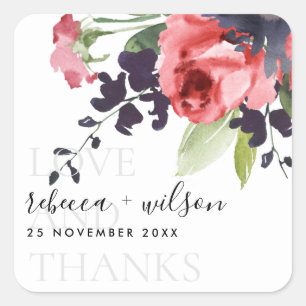 RED ROSE PEONY  FLORAL LOVE AND THANKS WEDDING SQUARE STICKER