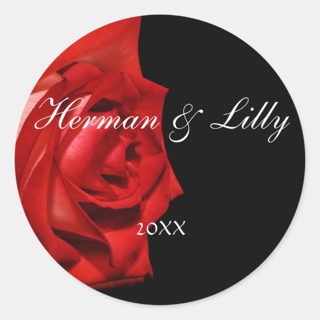 Red Rose Personalised Round Wedding Sticker (Front)