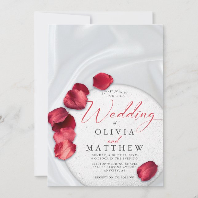 Red Rose Petals and Satin Invitation (Front)