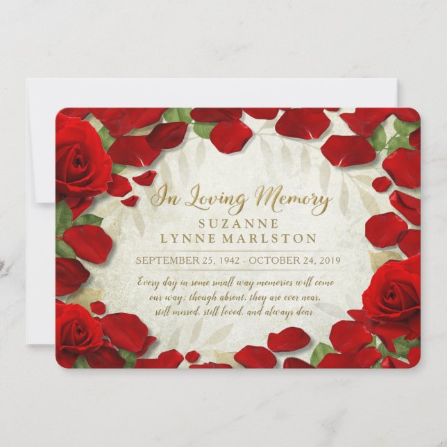 Red Rose Petals Golden Memorial Service Invitation (Front)