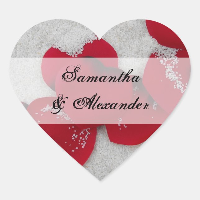 Red Rose Petals in Snow, Winter Wedding Heart Sticker (Front)