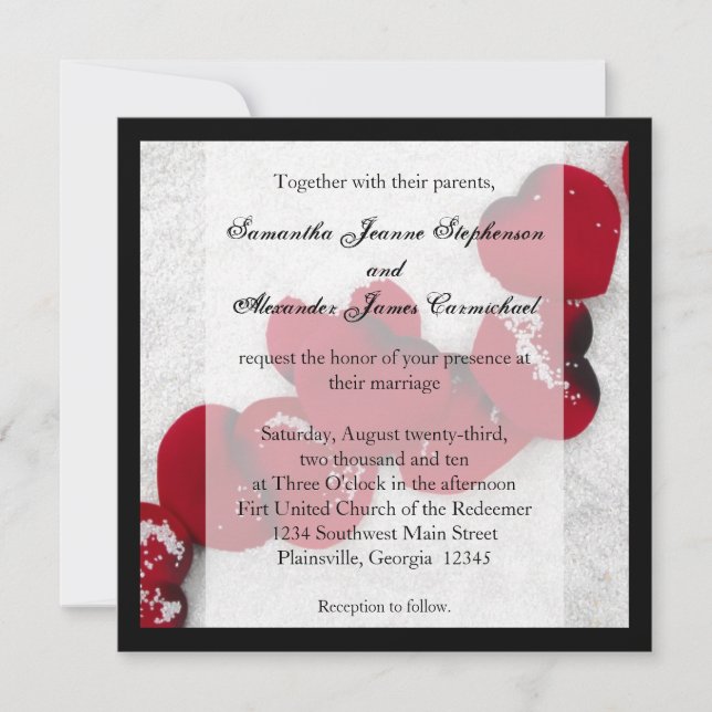 Red Rose Petals in Snow, Winter Wedding Invitation (Front)