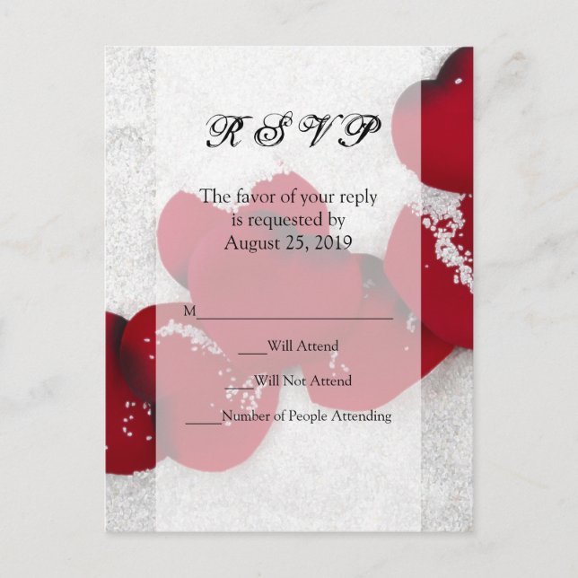 Red Rose Petals in Snow, Winter Wedding Invitation Postcard (Front)
