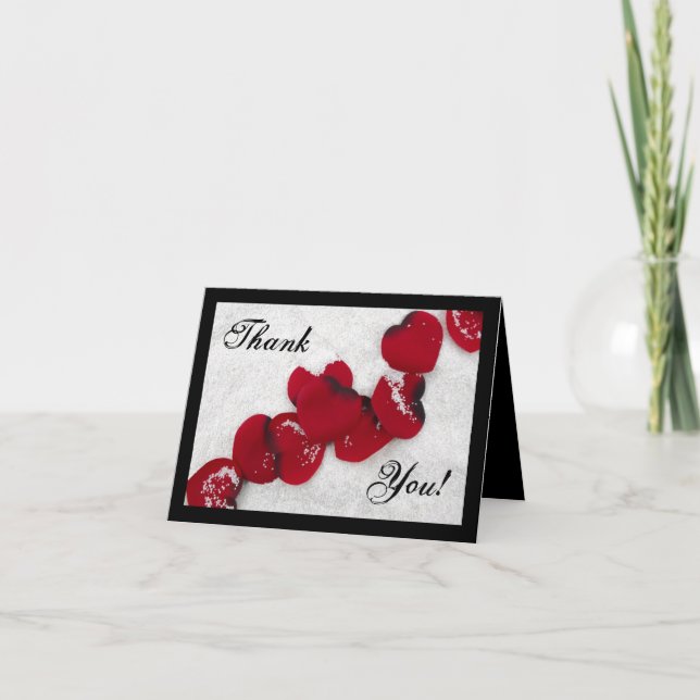 Red Rose Petals in Snow, Winter Wedding Thank You Card (Front)