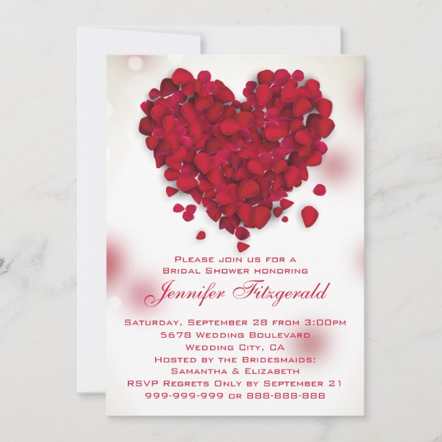 Red Rose Petals Love Heart Bridal Shower Invitation (Front)