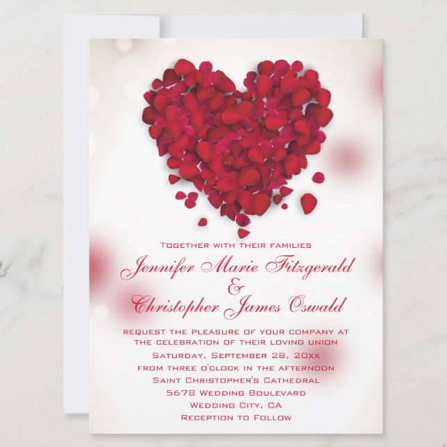 Red Rose Petals Love Heart Wedding Invitation (Front)