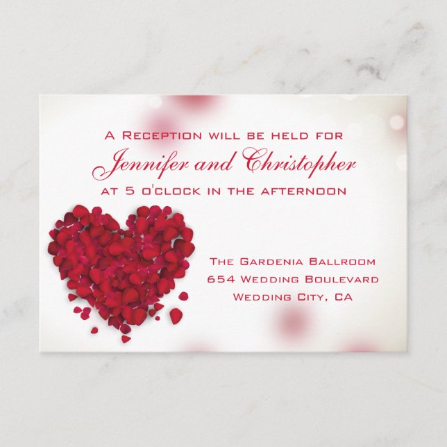 Red Rose Petals Love Heart Wedding Reception Enclosure Card (Front)