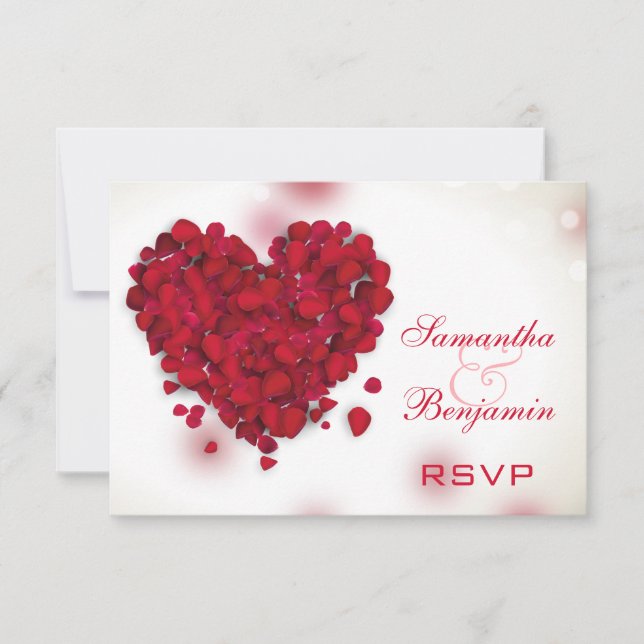 Red Rose Petals Love Heart Wedding RSVP Card (Front)
