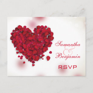 Red Rose Petals Love Heart Wedding RSVP Invitation Postcard