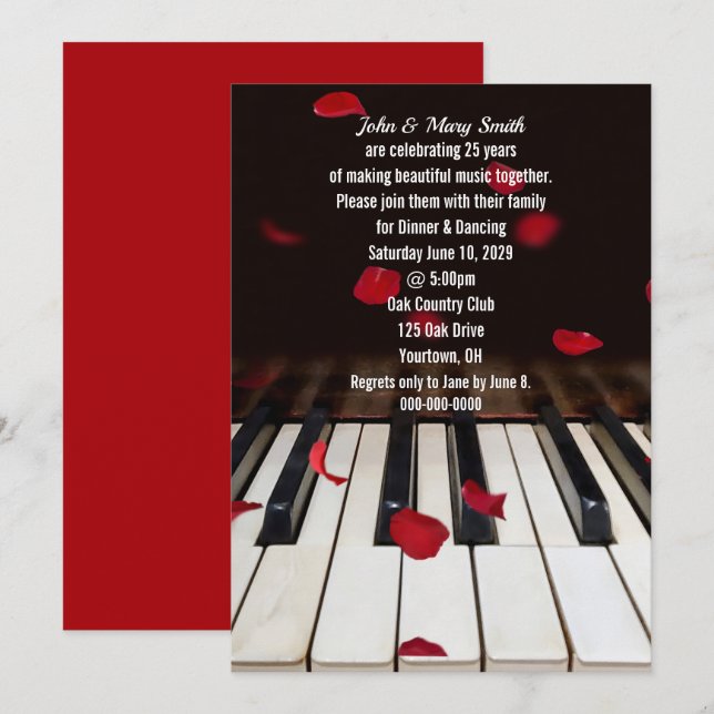 Red Rose Petals on Piano 25th Anniversary Invitation (Front/Back)