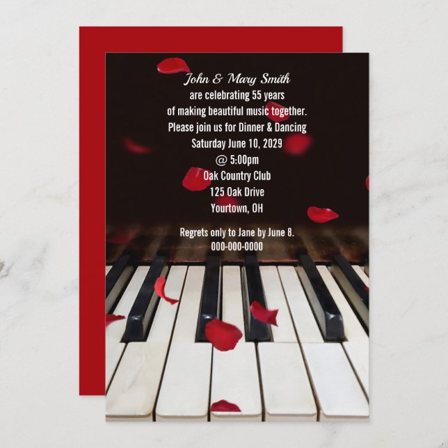 Red Rose Petals on Piano 55th Anniversary Invitation (Front/Back)