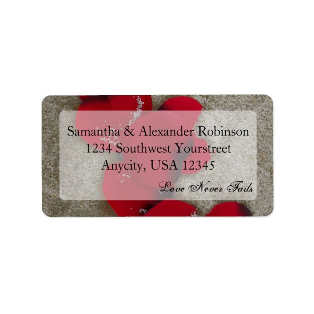 Red Rose Petals on Sand Beach Wedding Label (Front)
