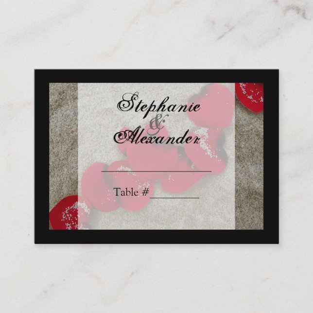 Red Rose Petals on Sand Beach Wedding Place Card (Front)