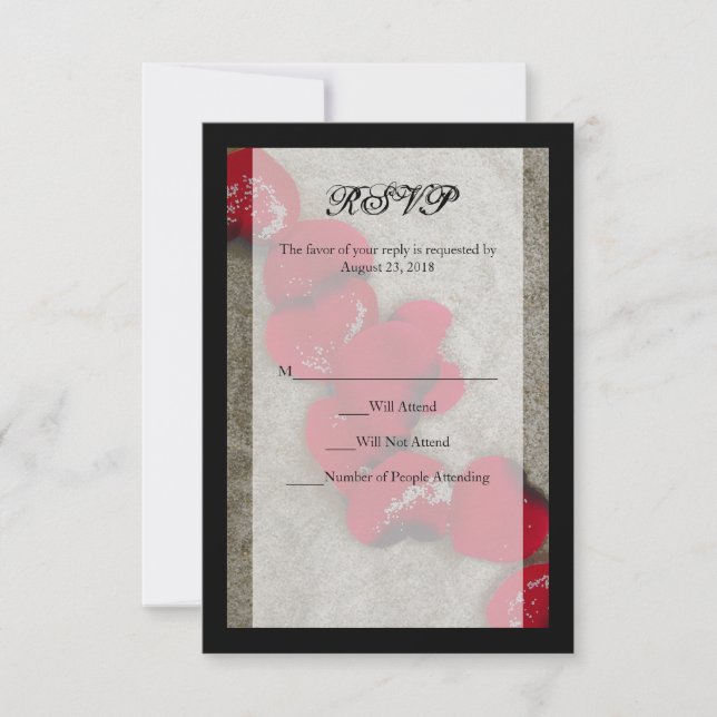 Red Rose Petals on Sand Beach Wedding RSVP Card (Front)