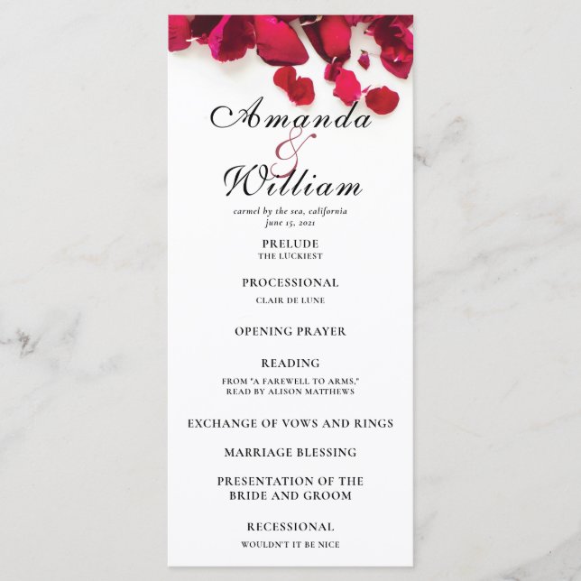 Red Rose Petals Wedding Ceremony Program Programme (Front)