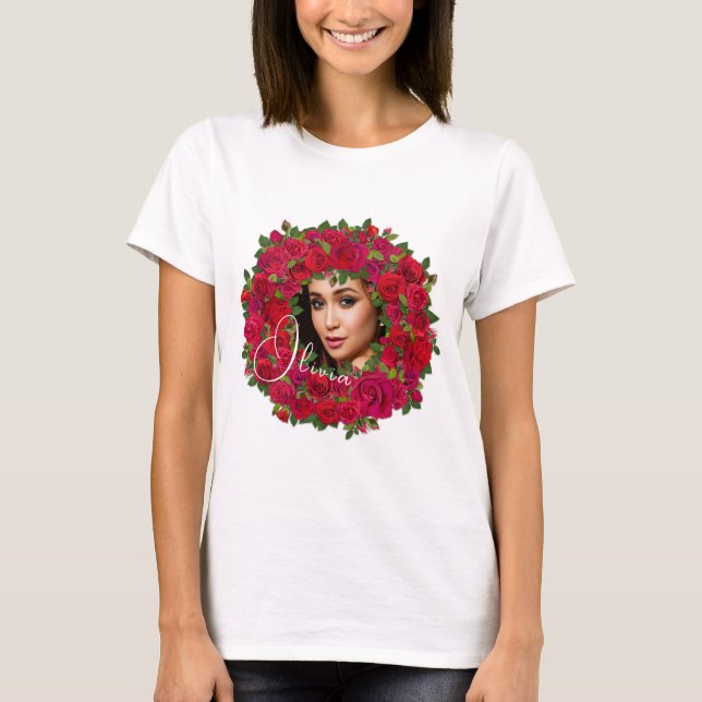 Red Rose Photo Design With Custom Text T-Shirt (Front)