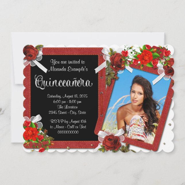 Red Rose Photo Quinceanera Invitation (Front)