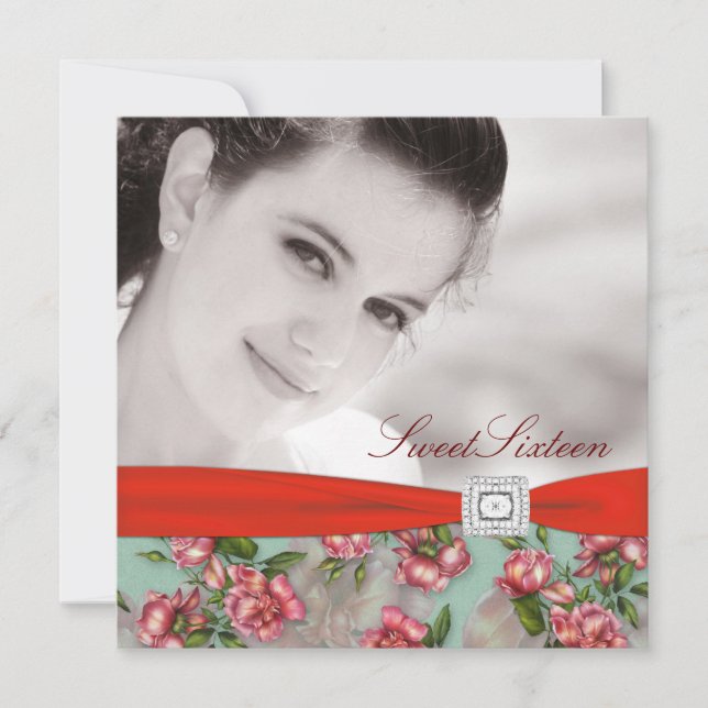 Red Rose Photo Sweet Sixteen Birthday Party Invitation (Front)