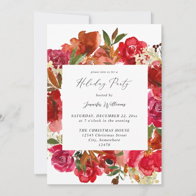 Red Rose & Pink Floral 1 Holiday Party Invitation (Front)