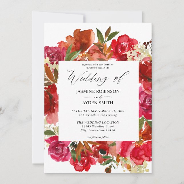 Red Rose & Pink Floral 1 Wedding Invitation (Front)