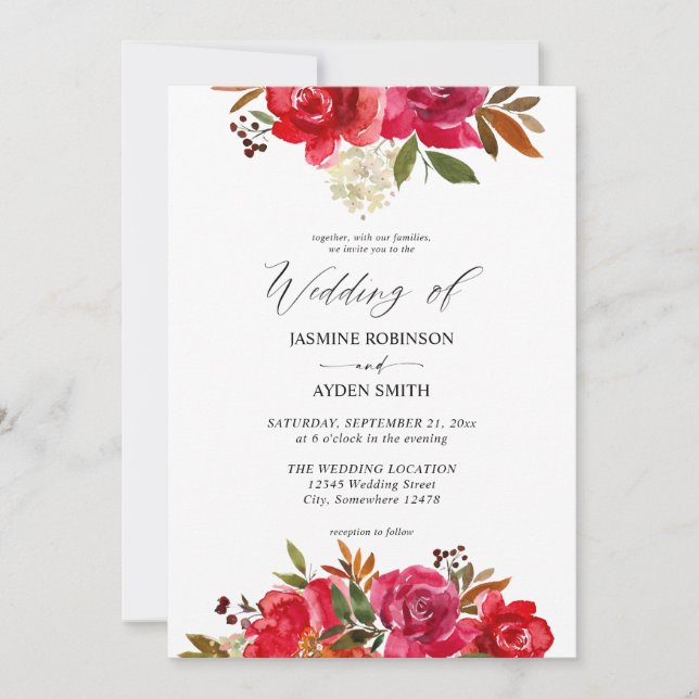 Red Rose & Pink Floral 3 Wedding Invitation (Front)