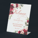 Red Rose Pink Peony 18th Birthday Welcome  Pedestal Sign<br><div class="desc">Welcome guests to your birthday party with this elegant floral design. Two lush red and white floral arrangements are placed in diagonal corners. Welcome is written in a large trending font. The remainder of the text is a classic upright font and very easy to customise. This item is part of...</div>