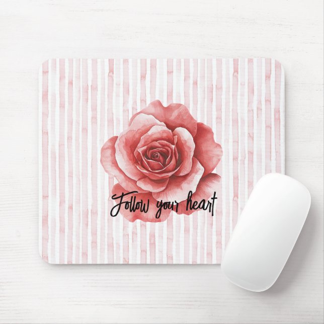 Red Rose Pink Stripes Mouse Mat (With Mouse)