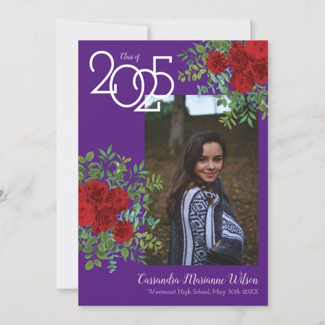 Red Rose Purple Photo Graduation Announcement (Front)