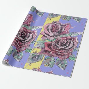 Red Rose Purple Spring flowers Watercolor Wrapping Paper