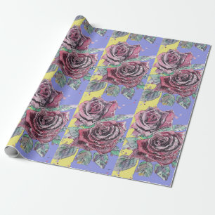Red Rose Purple Spring flowers Watercolor Wrapping Paper