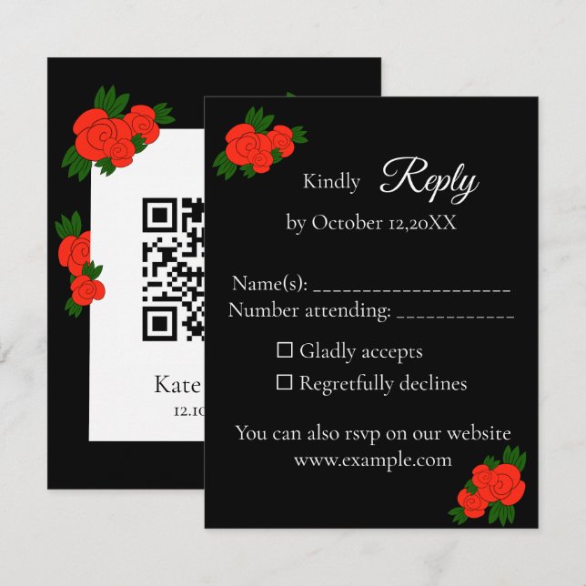 Red Rose QR Code Wedding RSVP Card (Front/Back)