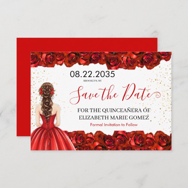 Red Rose Quinceañera Save the Date Card (Front/Back)
