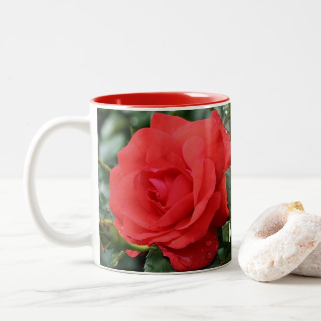 Red Rose Raindrops Personalised Two-Tone Coffee Mug (With Donut)