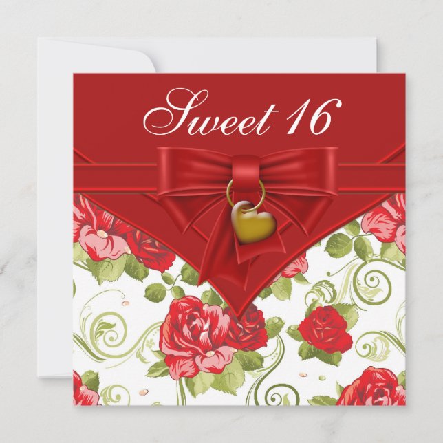 Red Rose Red Gold Sweet Sixteen Birthday Party Invitation (Front)
