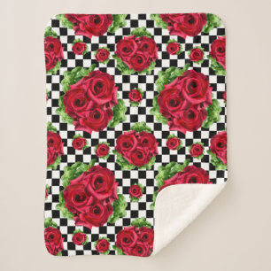 Red Rose Rockabilly Check Sherpa Blanket
