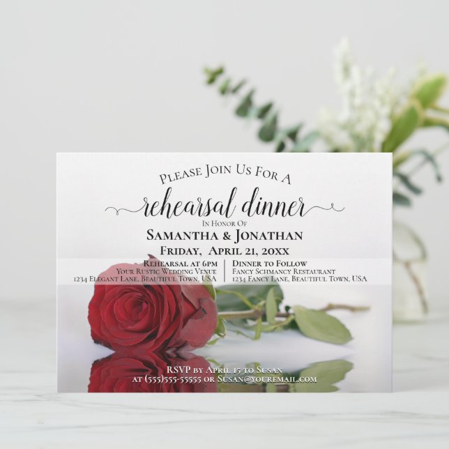 Red Rose Romantic Chic Wedding Rehearsal & Dinner Invitation (Standing Front)