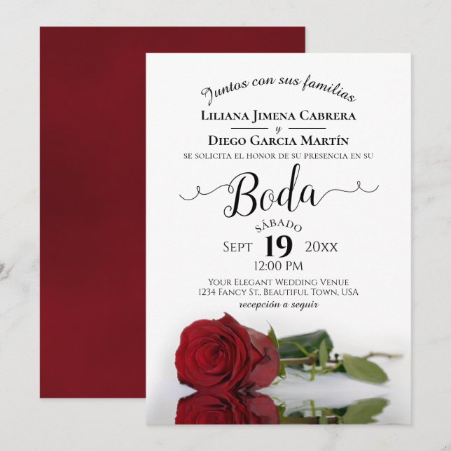 Red Rose Romantic Spanish Language Boda Wedding Invitation (Front/Back)