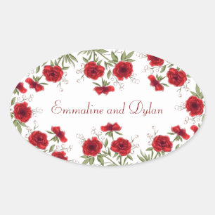 Red Rose Romantic Wedding Oval Sticker