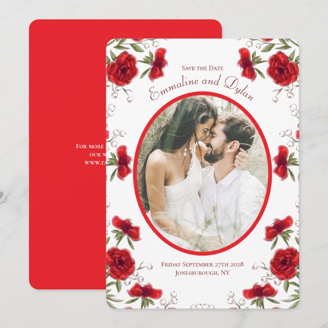 Red Rose Romantic Wedding Photo Save the Date Invitation (Front/Back)