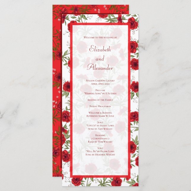 Red Rose Romantic Wedding Programs Menu (Front/Back)