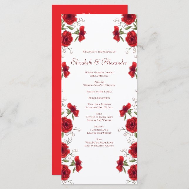 Red Rose Romantic Wedding Programs Menu (Front/Back)